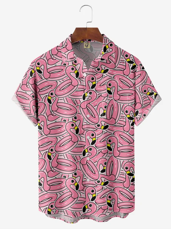 Moisture-Wicking Flamingo Chest Pocket Hawaiian Shirt