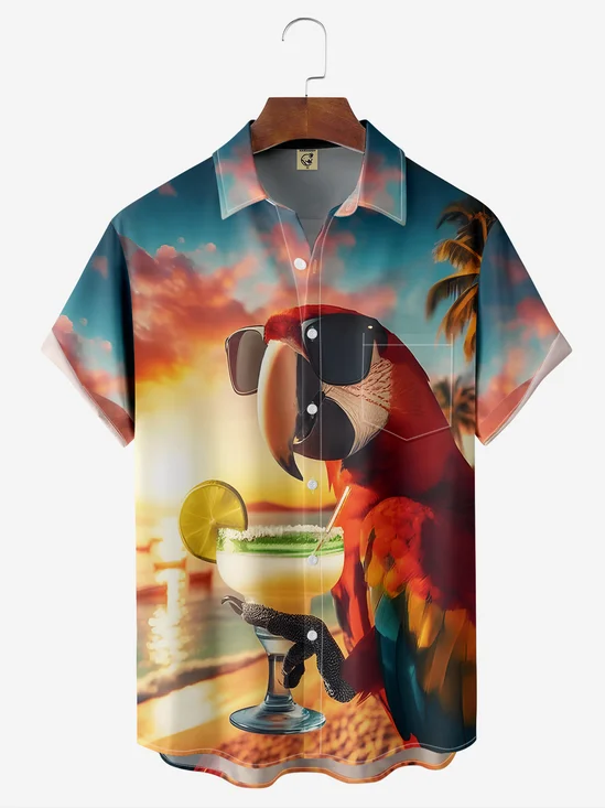 Moisture-wicking Beach Parrot Cocktail Chest Pocket Hawaiian Shirt