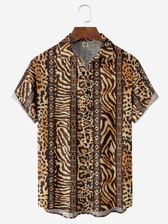 Moisture-Wicking Striped Leopard Print Chest Pocket Shirt