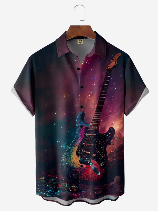 Moisture-wicking Music Guitar Chest Pocket Hawaiian Shirt