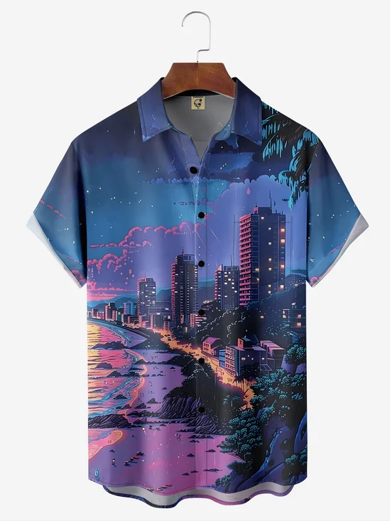 Moisture-wicking City Scenery Chest Pocket Hawaiian Shirt