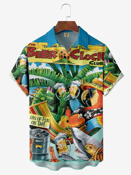 Hardaddy Moisture-wicking Parrot Beer Chest Pocket Hawaiian Shirt