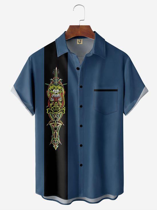 Moisture-wicking Line Art Chest Pocket Bowling Shirt