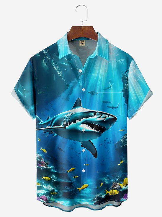 Moisture-wicking Ocean Shark Chest Pocket Hawaiian Shirt