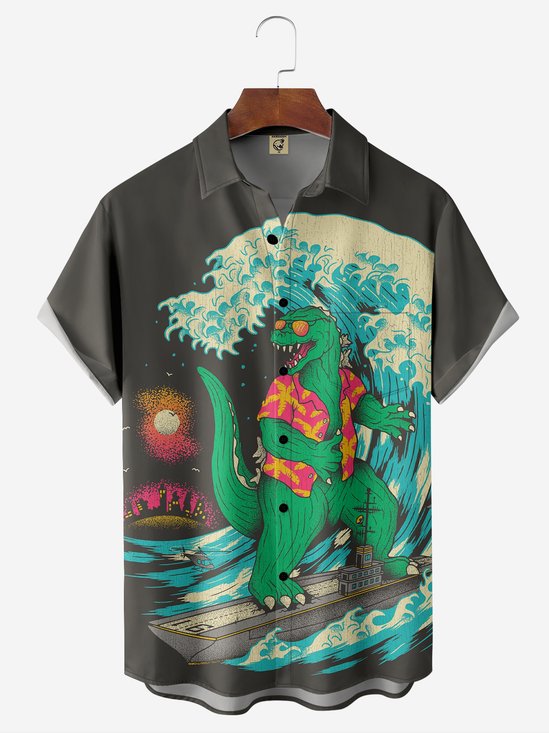 Moisture-wicking Breathable Dino Chest Pocket Hawaiian Shirt
