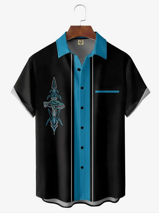 Moisture-wicking Lines Automobile Chest Pocket Bowling Shirt