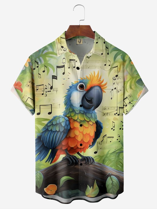 Moisture-wicking Musical Parrot Chest Pocket Hawaiian Shirt