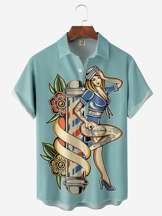 Moisture-wicking Tropical Tattoo Girl Print Chest Pocket Shirt