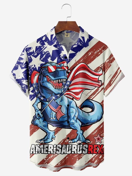 Moisture-wicking American Flag Dinosaur Chest Pocket Hawaiian Shirt