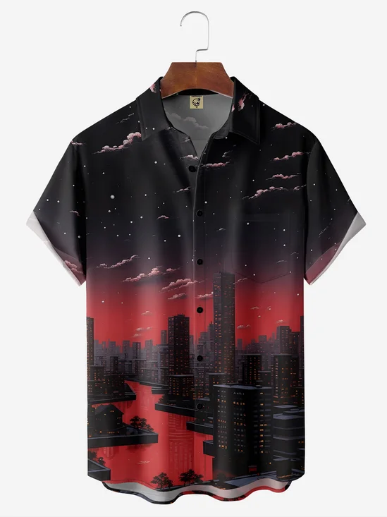 Moisture-wicking City Night Chest Pocket Hawaiian Shirt