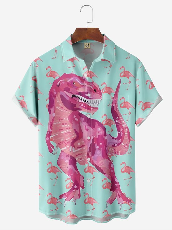 Moisture-wicking Dinosaur Flamingo Short Sleeve Aloha Shirt