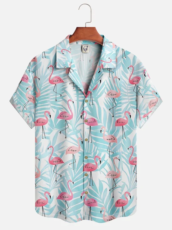 Moisture-wicking Tropical Flamingo Short Sleeve Aloha Shirt