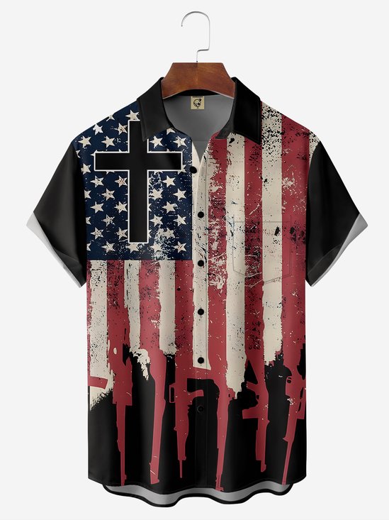 Breathable Memorial Day Crucifixion Chest Pocket Casual Shirt