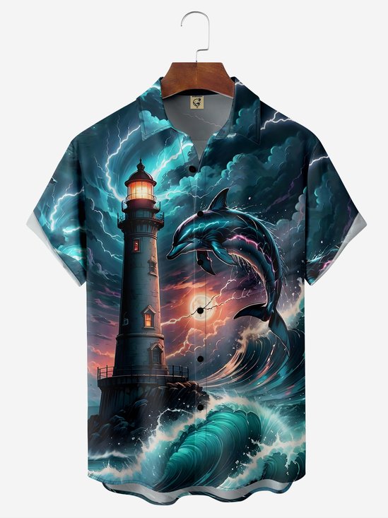 Moisture-wicking Breathable Lighthouse Chest Pocket Hawaiian Shirt
