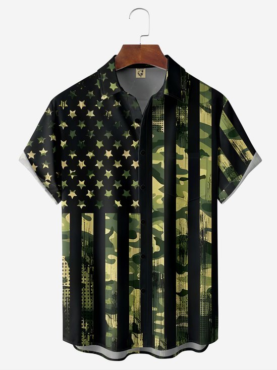 Moisture-wicking Breathable Camo Flag Chest Pocket Holiday Shirt