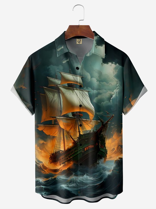 Moisture-wicking Breathable Sailboat Chest Pocket Hawaiian Shirt