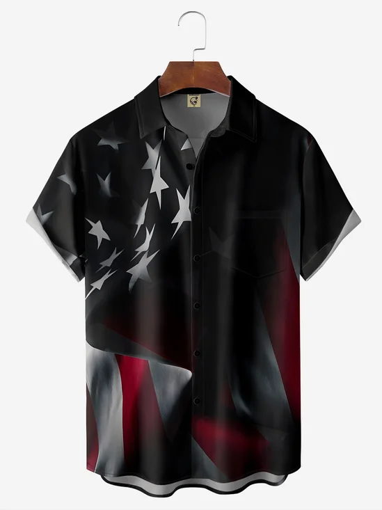 Breathable Wicking Amercian Flag Chest Pocket Casual Shirt