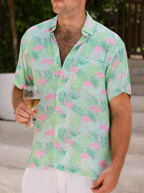 Hardaddy Shirt Collar Casual Flamingo Loose Aloha Shirt