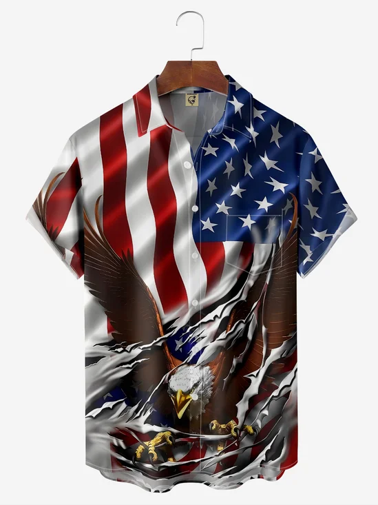 Hardaddy Breathable Memorial Day Eagle Old Glory Chest Pocket Casual Shirt