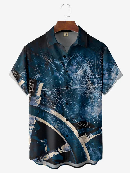 Moisture-wicking Breathable Navigation Map Chest Pocket Hawaiian Shirt