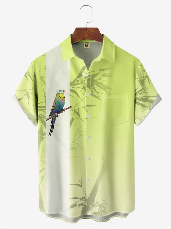 Moisture-wicking Japanese Culture Bamboo Parrot Chest Pocket Bowling Shirt