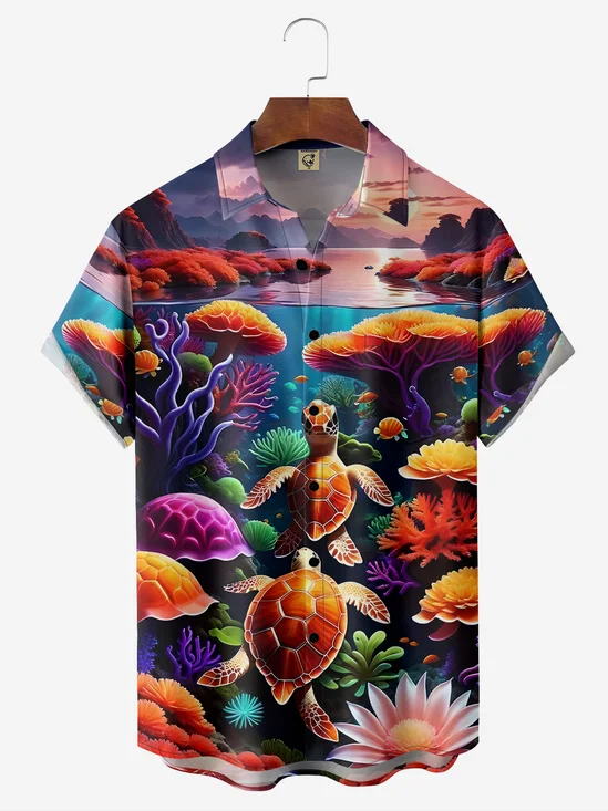 Moisture-wicking Ocean Turtle Chest Pocket Hawaiian Shirt