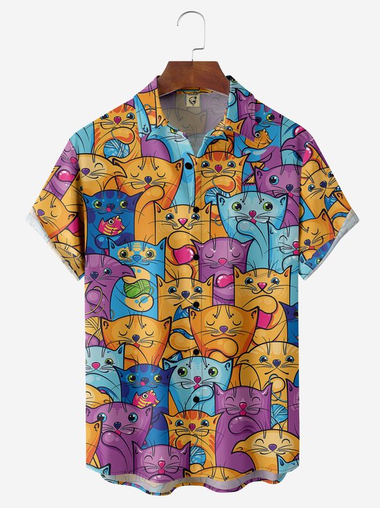 Moisture-wicking Cartoon Cat Chest Pocket Hawaiian Shirt