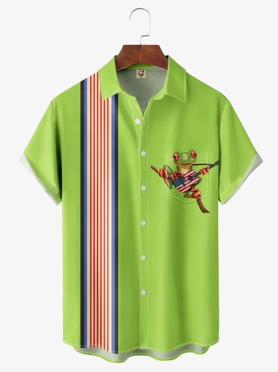 Moisture-wicking American Flag Guitar Tree Frog Chest Pocket Bowling Shirt