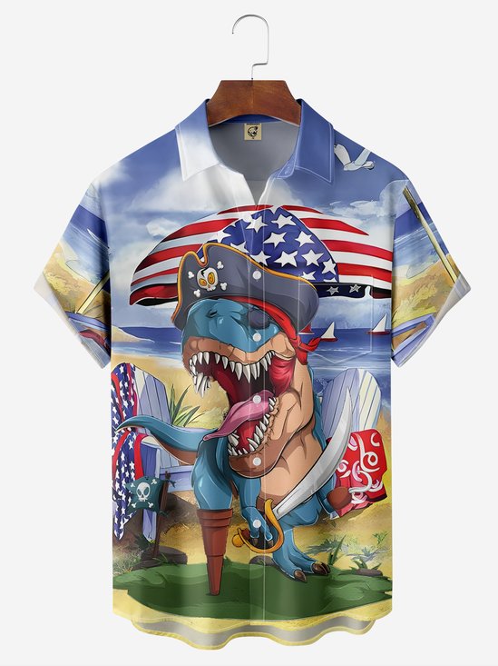 Moisture-Wicking Tropical American Flag Dinosaur Vacation Print Shirt