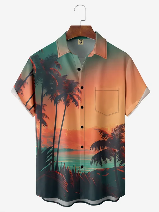 Moisture-wicking Sunset Coconut Tree Chest Pocket Hawaiian Shirt