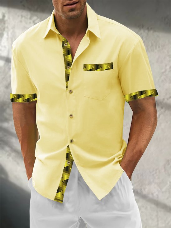 Cotton Plain Patchwork Contrasting Geometric Casual Shirt