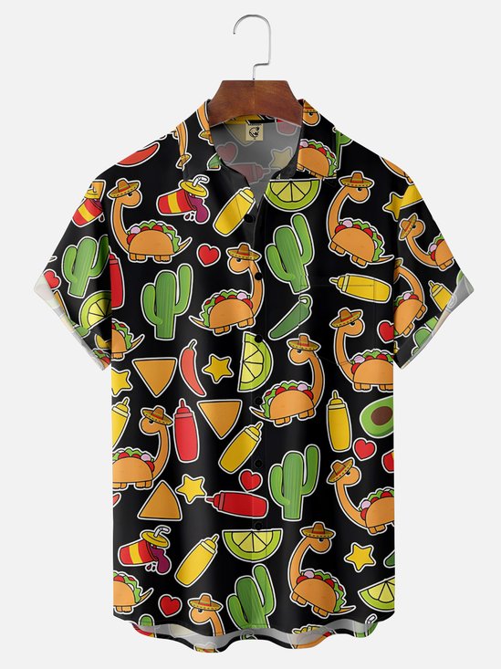 Moisture-wicking Cinco de Mayo Dinosaur Taco Chest Pocket Hawaiian Shirt