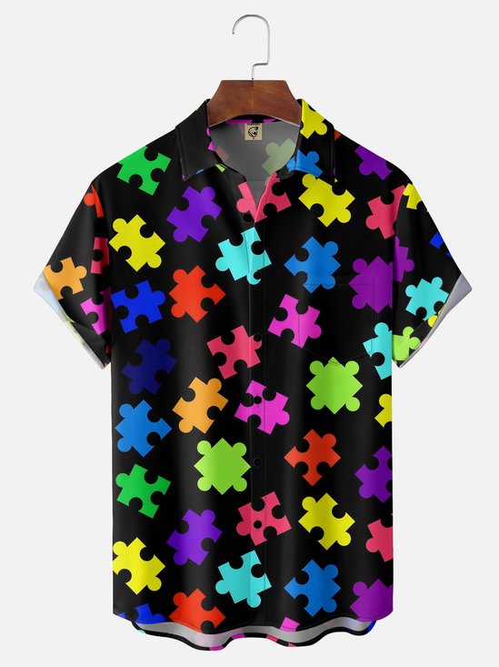 Moisture-wicking Puzzle Chest Pocket Hawaiian Shirt