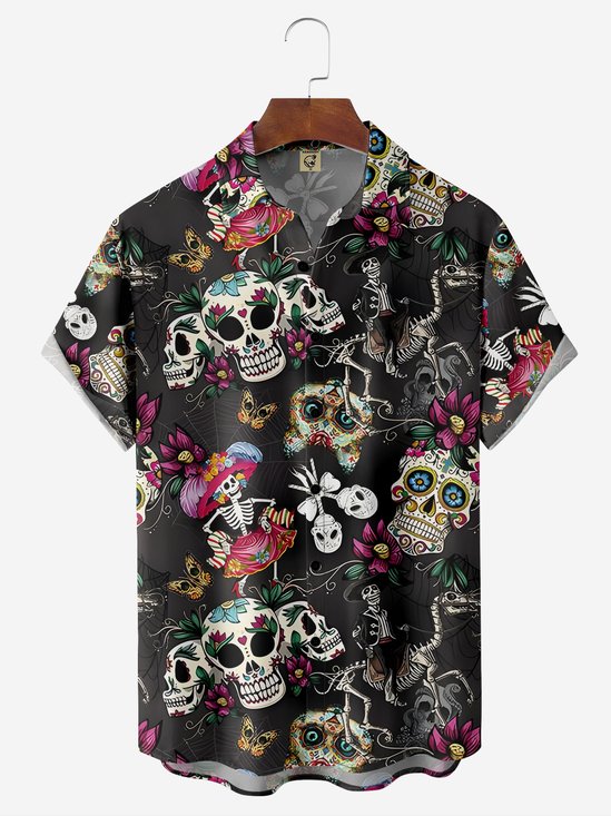 Moisture-wicking Cinco de Mayo Skull Chest Pocket Casual Shirt