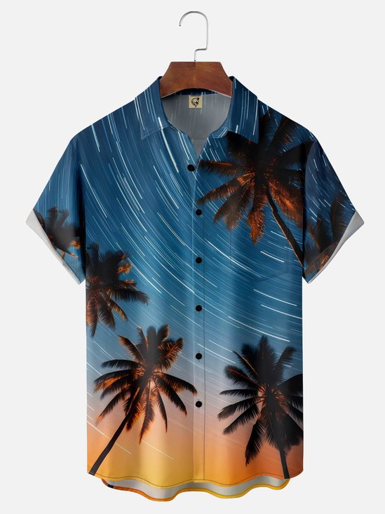 Moisture-wicking Starry Coconut Tree Chest Pocket Hawaiian Shirt