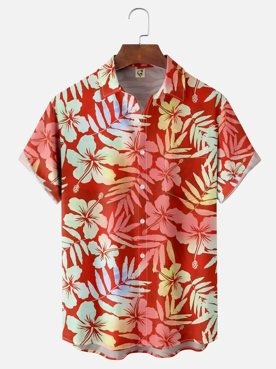 Moisture-wicking Ombre Tropical Plant Chest Pocket Hawaiian Shirt