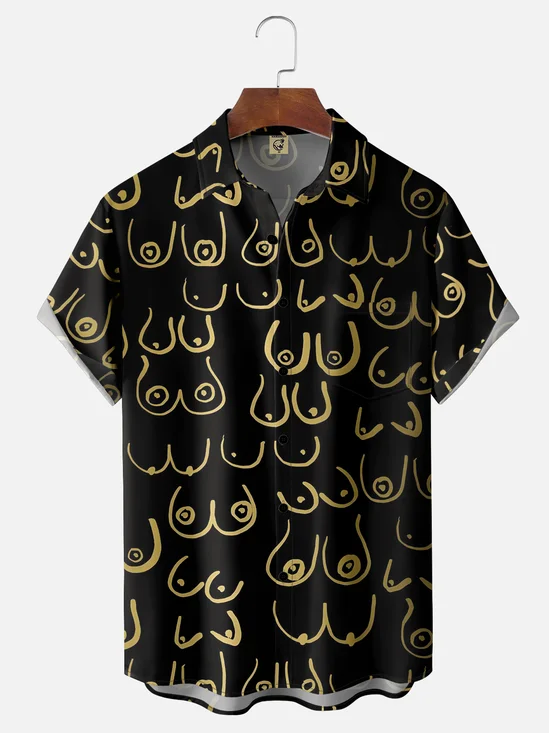 Moisture-wicking Fun Line Art Chest Pocket Hawaiian Shirt