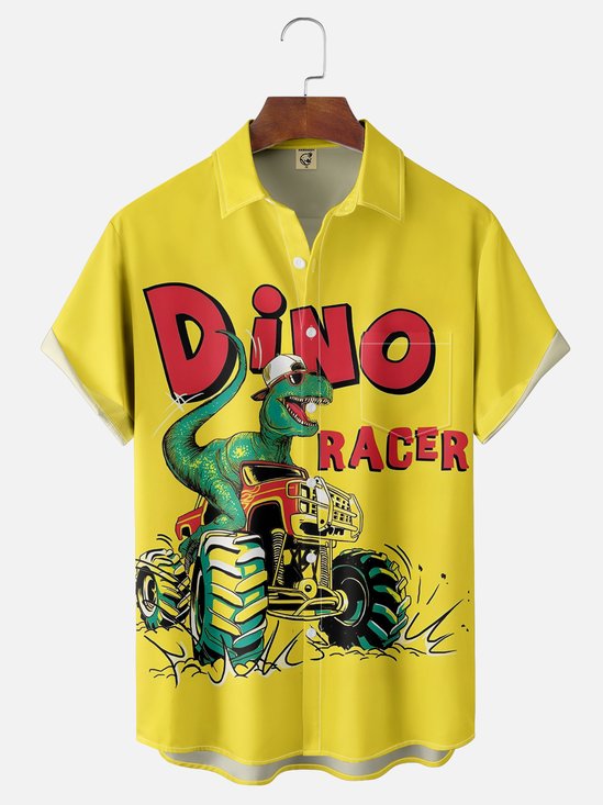 Dinosaur Racing Truck Chest Pocket Casual Quick Dry Shirt