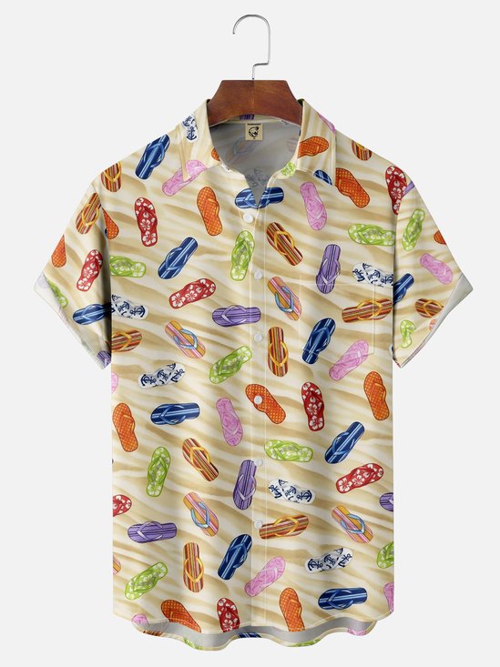 Moisture-wicking Beach Flip Flop Chest Pocket Hawaiian Shirt