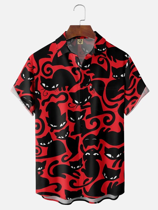 Hardaddy Moisture-wicking Black Cat Chest Pocket Hawaiian Shirt