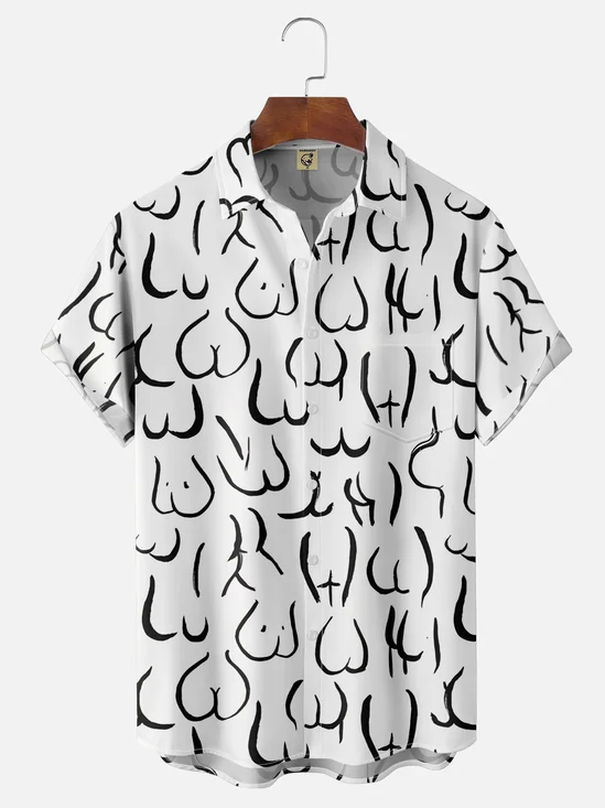 Hardaddy Moisture-wicking Fun Line Art Chest Pocket Hawaiian Shirt