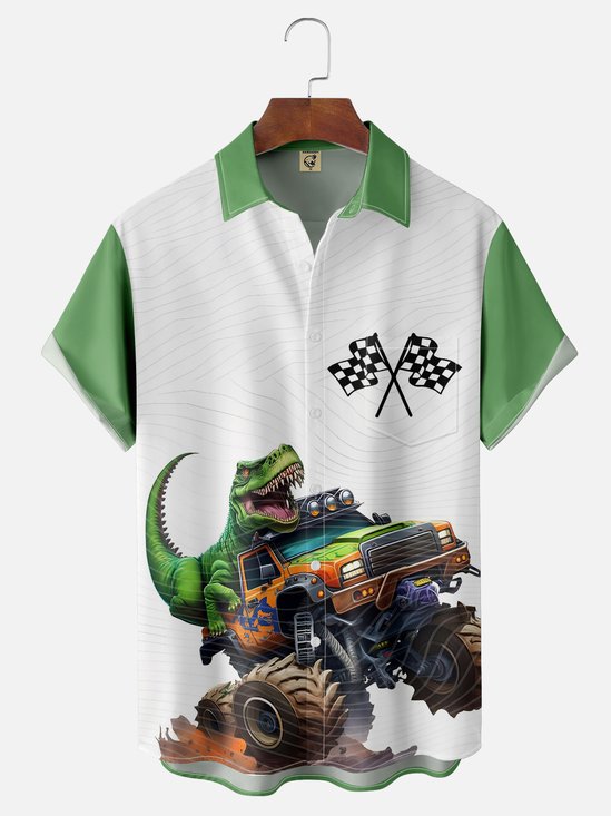 Moisture-wicking Dinosaur Racing Truck Chest Pocket Casual Shirt