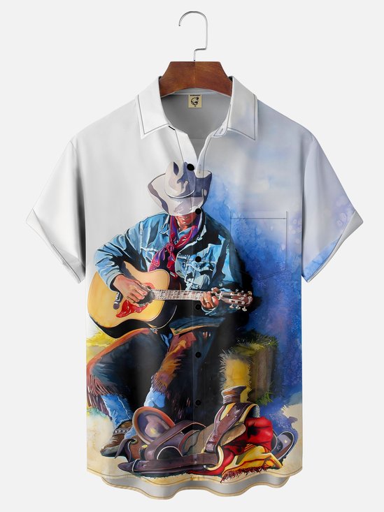 Breathable Wicking Western Cowboy Playing Guitar Aqua Drawing Chest Pocket Shirt