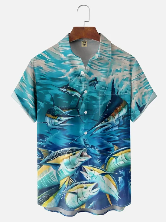 Breathable Marlins Fish Chest Pocket Hawaiian Shirt
