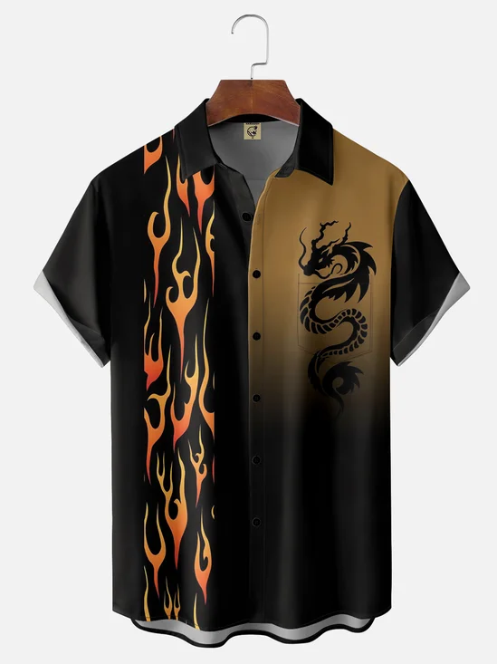 Breathable Wicking Flame Dragon Chest Pocket Bowling Shirt