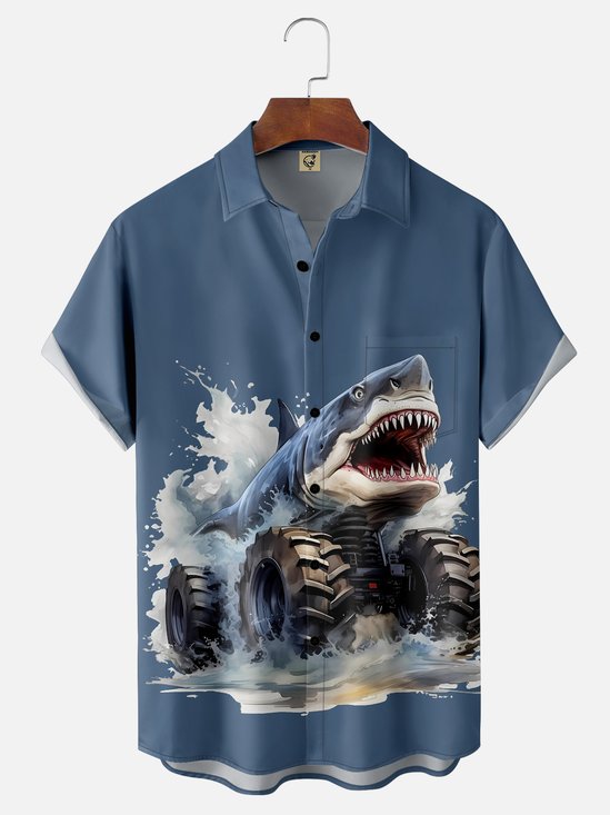 Moisture-wicking Breathable Shark Truck Chest Pocket Hawaiian Shirt