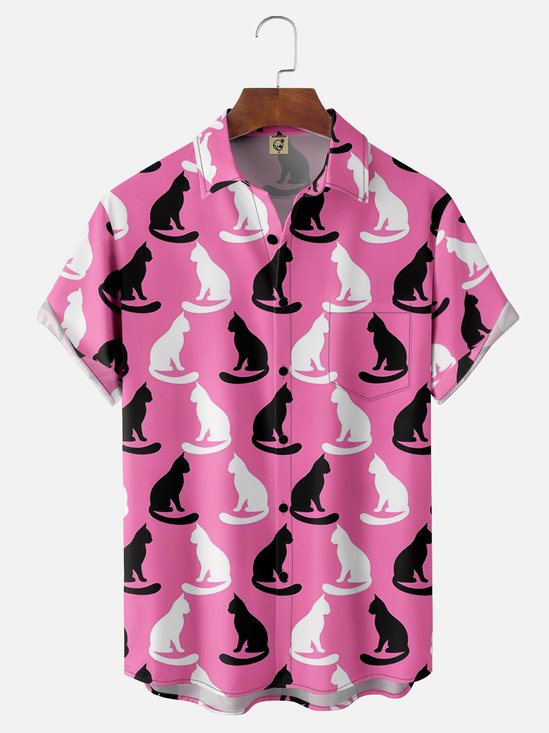 Moisture-wicking Abstract Cat Chest Pocket Hawaiian Shirt