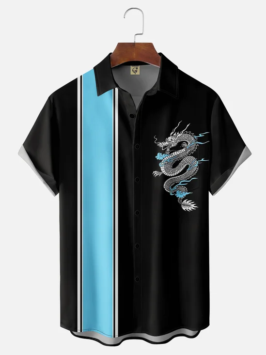 Moisture-wicking Dragon Pattern Chest Pocket Bowling Shirt
