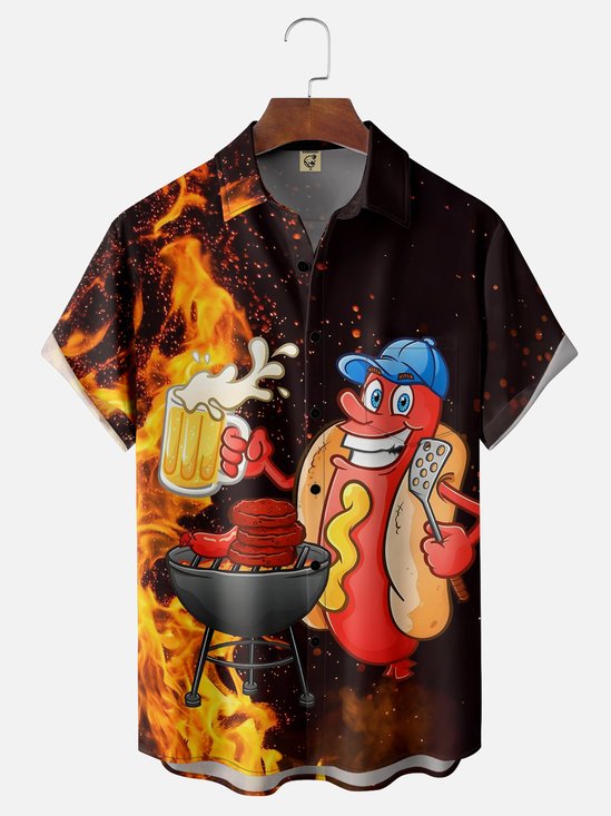 BBQ Barbecue Chef Hot Dog Cheers Breathable Chest Pocket Hawaiian Shirt