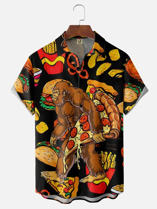 Bigfoot Holds Pizza Fastfood Breathable Wicking Chest Pocket Hawaiian Shirt